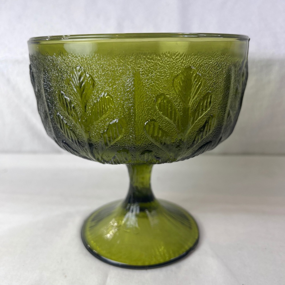 Vintage Avocado Green Glass Compote Oak Leaf Acorn Pedestal Candy Dish MCM
